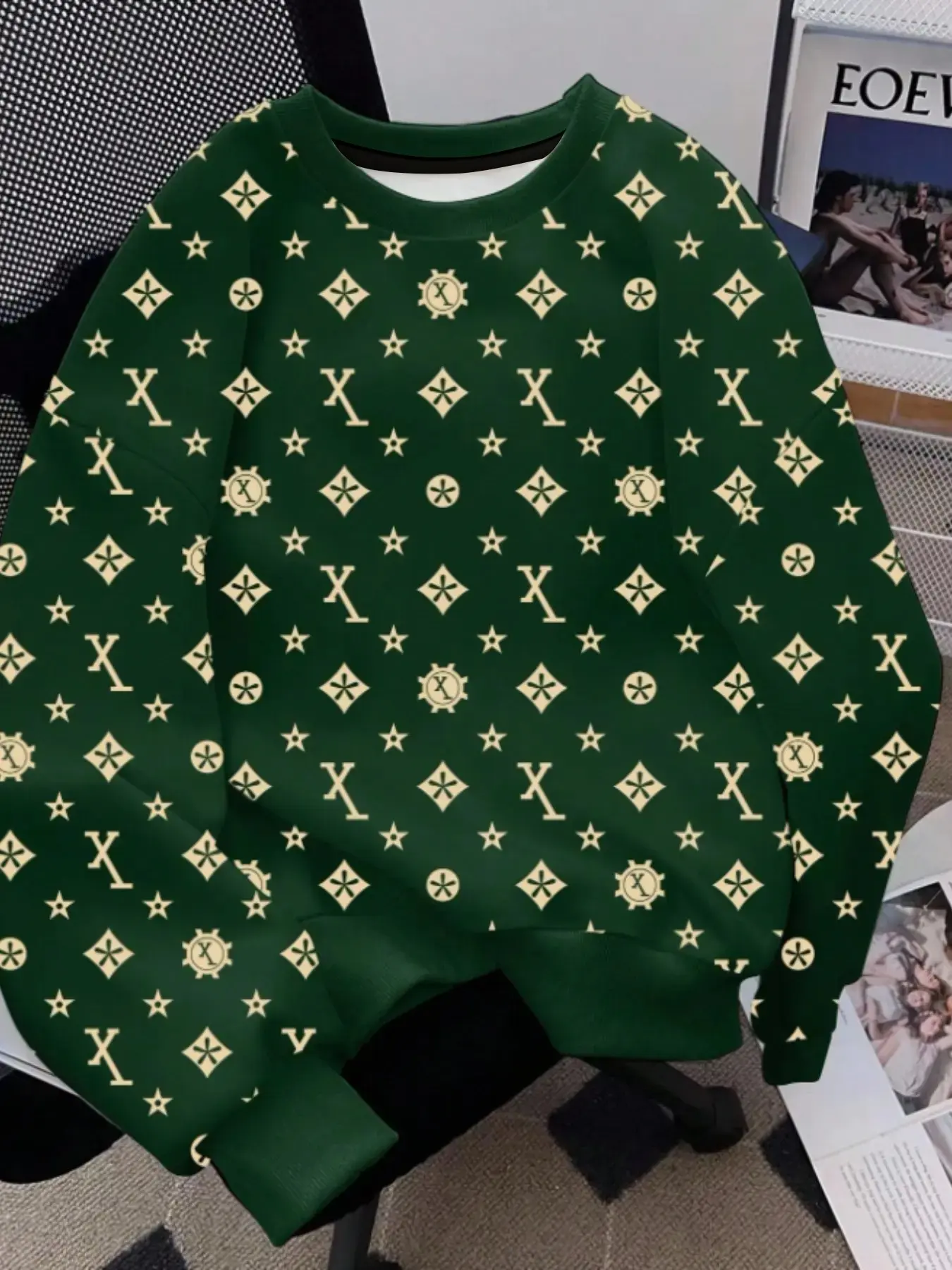 Men's Fall Winter New Arrival Luxury Casual Full Print Geometric X Letter Round Neck Sweatshirt, Long Sleeve Pullover, Multiple Colors Available
