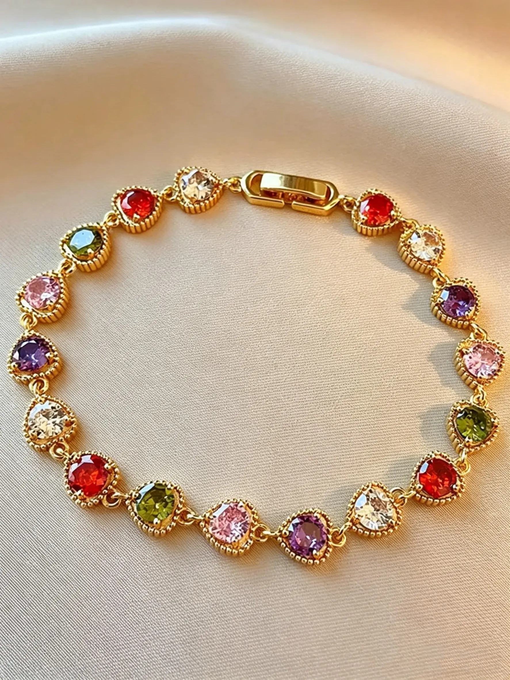 Gold Plated Heart Bracelets, Rainbow Crystal Tennis Bracelet, Eye-catching Stackable Wrist Jewelry, Vintage Color Gem Bracelet, Glam Party Club Accessories, Sparkly Statement Bracelet for Women, Fashion Women Statement Accessory