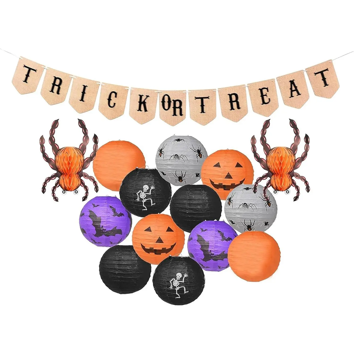 Spider Bat Skeleton Pumpkin Paper Lantern Halloween Decoration | 15 count, Orange, Black, , Easy Assembly, 12-Inch,  Outdoor Indoor, Spooky Lamps for Halloween Party Decor, Yard