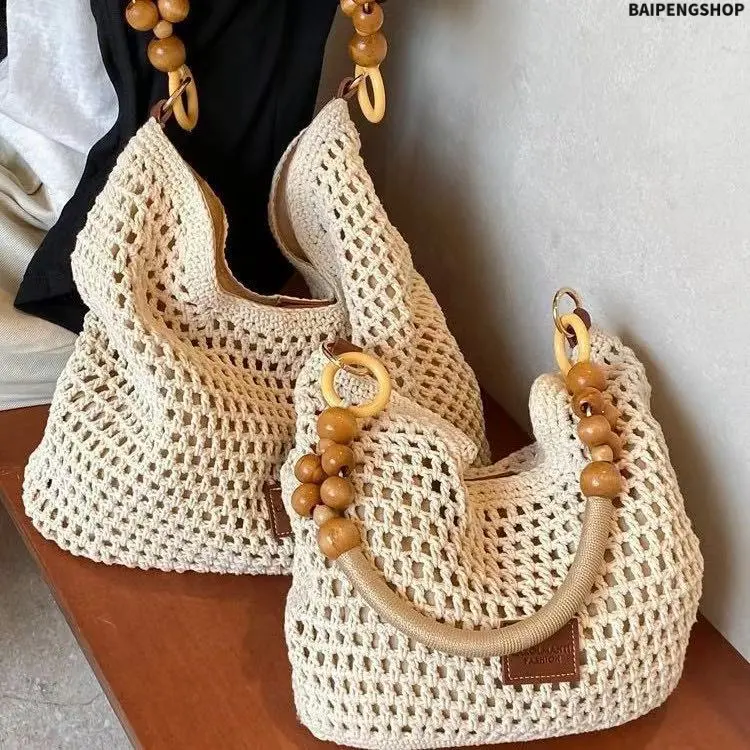 Bohemian Crossbody Bag for Women, Chic Crocheted Mesh Straw Shoulder Handbag with Wooden Bead Handle, Lightweight for Spring Travel & Daily Use, Casual Shoulder Purse