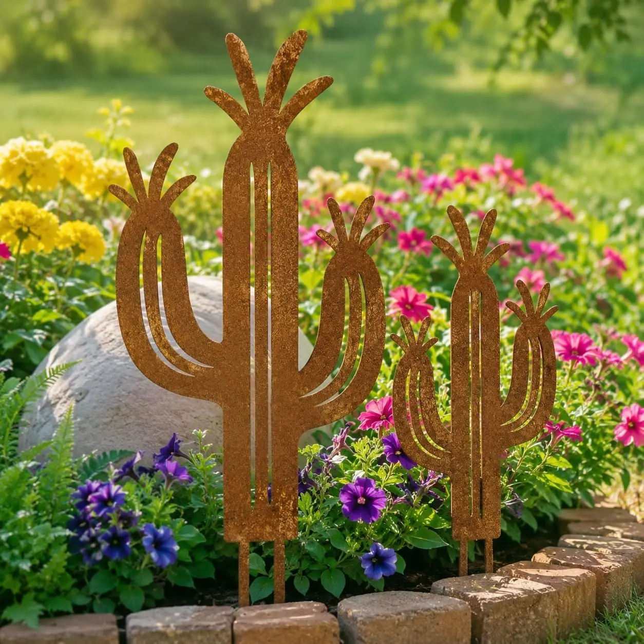 2 count Rusty Metal Cactus Garden Stakes, Outdoor Decor, Metal Cactus Yard Art for Patio Decor,Yard Decorations Outdoor, Garden Decor for Lawn, Flower Bed, Courtyard (style1)
