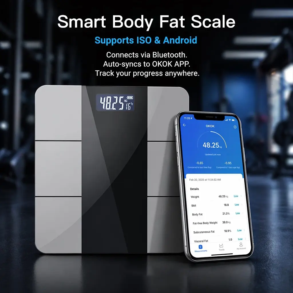 The bathroom Bluetooth scale, Body Composition Scale, Scale for body weight and fat percentage, weighs 180kg/400lb, measures weight, analyzes BMI, body fat, with Bluetooth