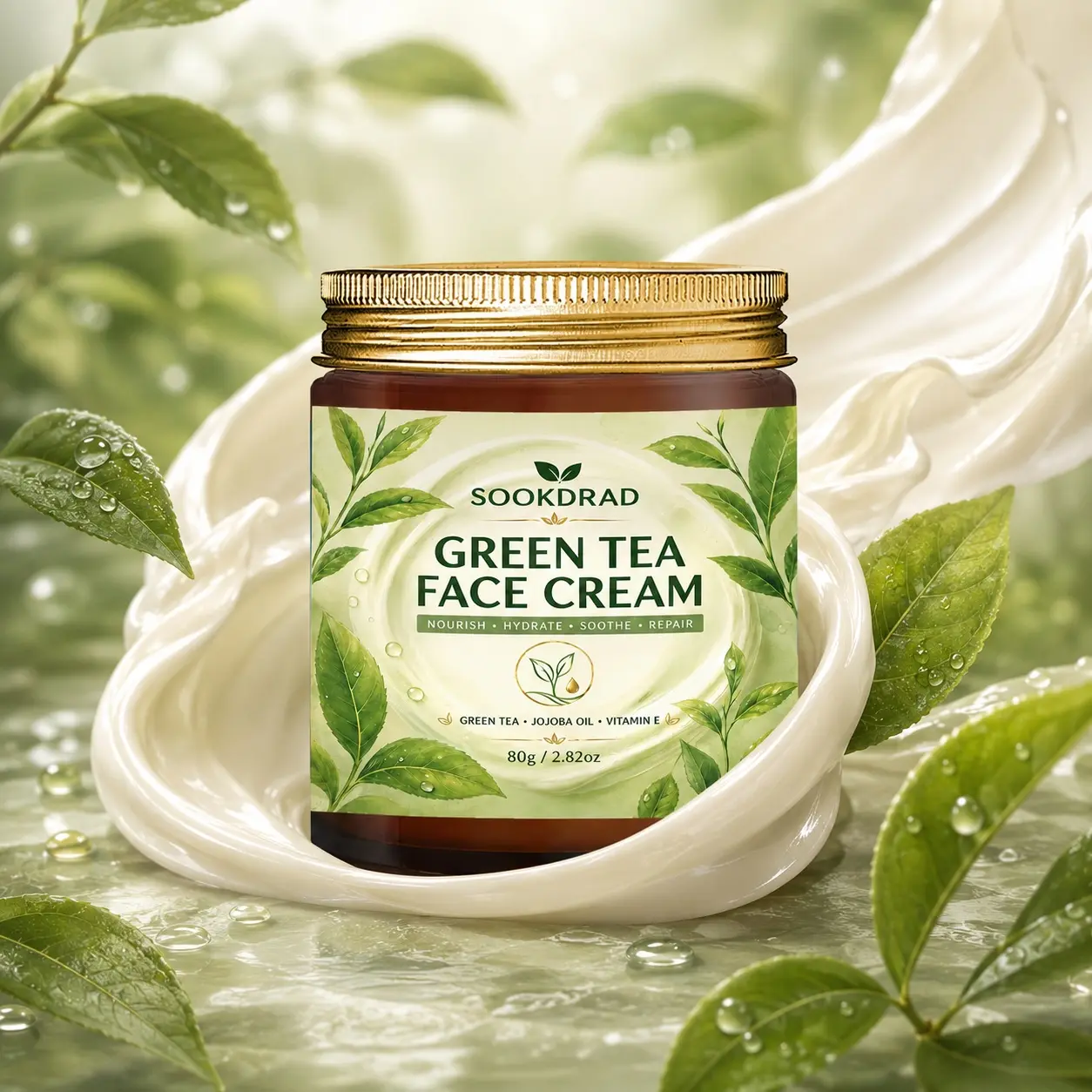 Green Tea Face Cream, Jojoba Oil, Vitamin E, Nourish, Hydrate, Soothe, Repair, Facial Moisturizer, All Skin Types, 80g/2.82oz