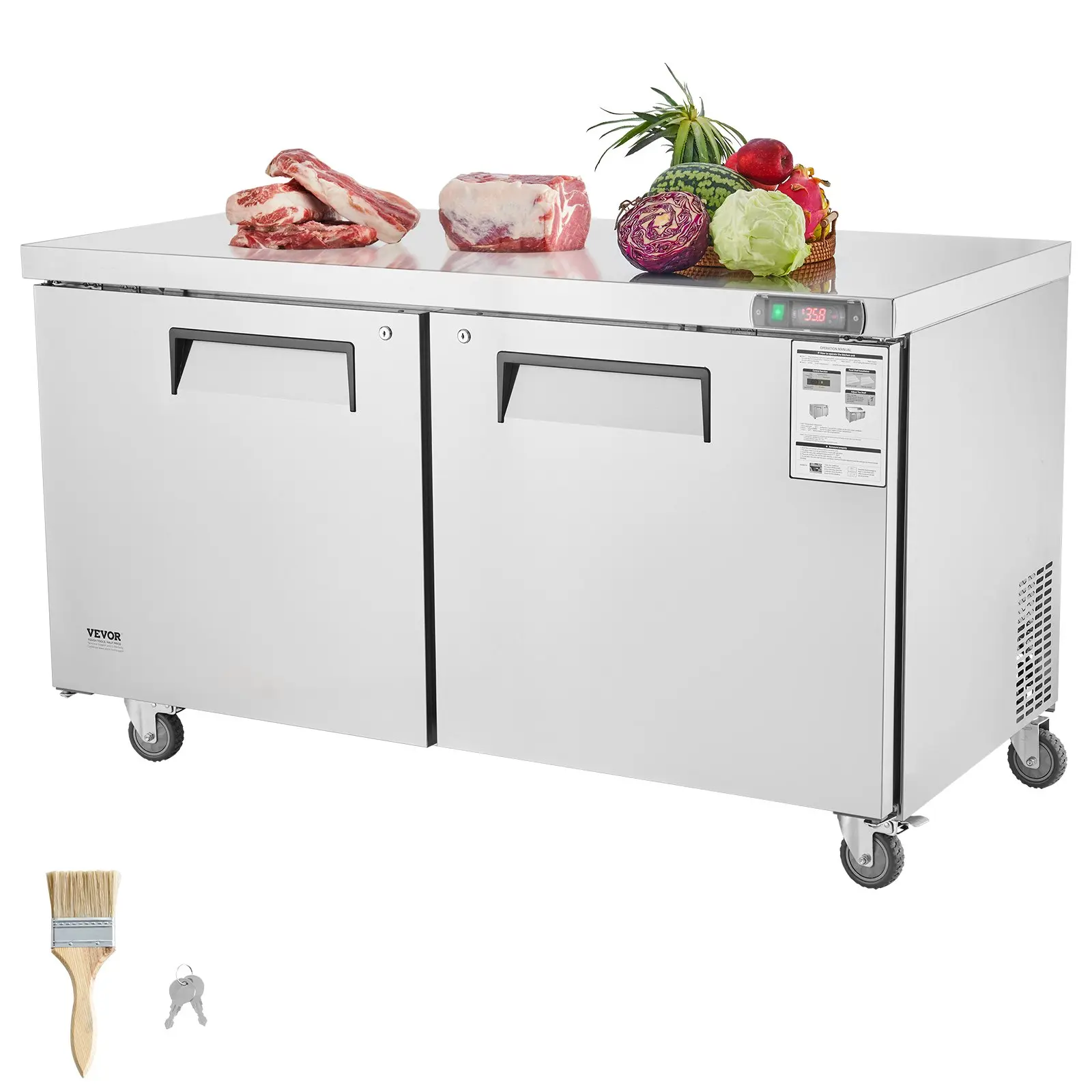 VEVOR 60-in Commercial Refrigerator Sandwich Salad Prep Table, 16.4 Cu. Ft Stainless Steel 2-Door Frost-Free Locked Food Prep Station for Restaurant, Bar, 16.4 Cubic Feet
