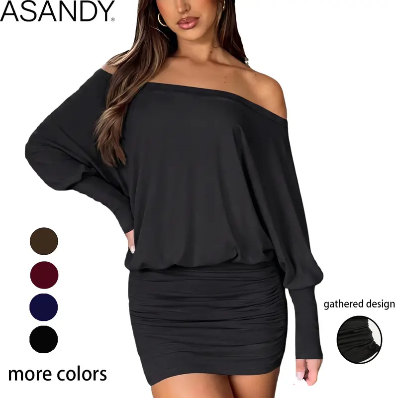 ASANDY Women's Off-the-Shoulder Ruched Batwing Long Sleeve Mini Dress - Minimalist, Soft, Breathable, Fitted, Drapey Pullover Tunic Blouse for Evening, Everyday Wear, Style, Fabric, Polyester, Lightweight