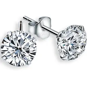 Solid 925 Sterling Silver Round Cubic Zirconia Clear CZ Stud Earrings 2-8mm