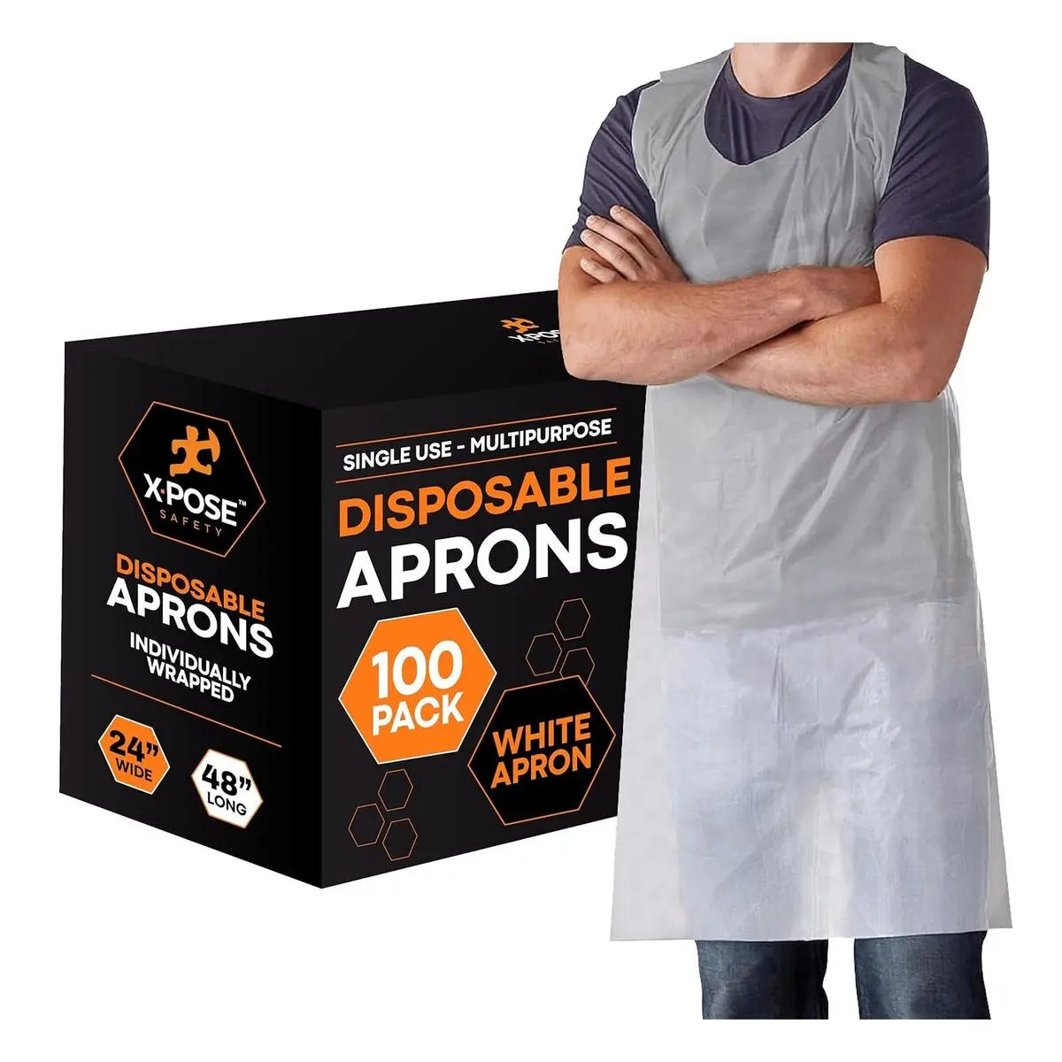 Disposable Plastic Aprons, 24x48 in, 1 Mil Waterproof Polyethylene, Lightweight Individually Packaged Industrial Aprons, Durable Protection for Kitchen Use