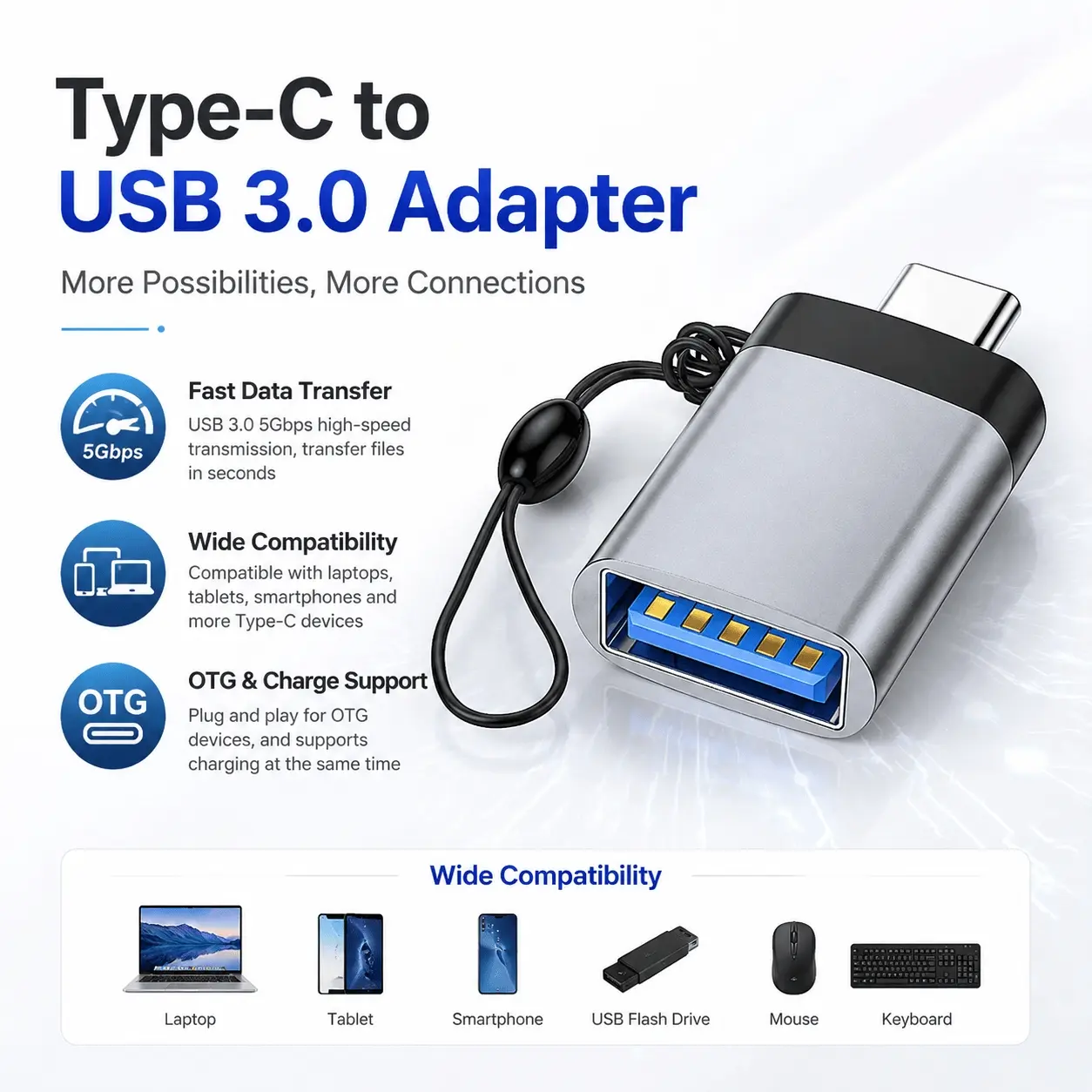 USB-C OTG Adapter, 3-Port USB 3.0 Hub for Phone, Smartphone & Tablet: Fast Data Transfer, Wide Compatibility, Connect U-Disk, USB Flash Drive, Keyboard, Mouse to iOS Android Mobile Devices, Laptop, Portable Compact Design for Storage Expansion.