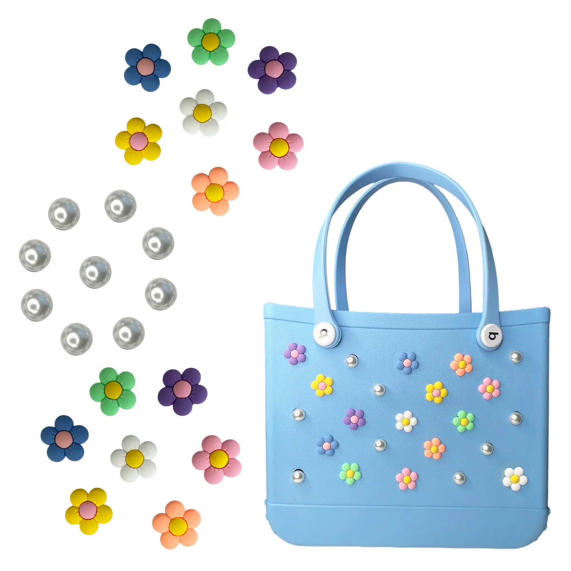 23pcs PVC Mom Beach Bag Accessories Charms, Bag Charm Set, Personalized DIY Bag Charms, Daisy Flower Bag Charms, Rubber Beach Totes Inserts