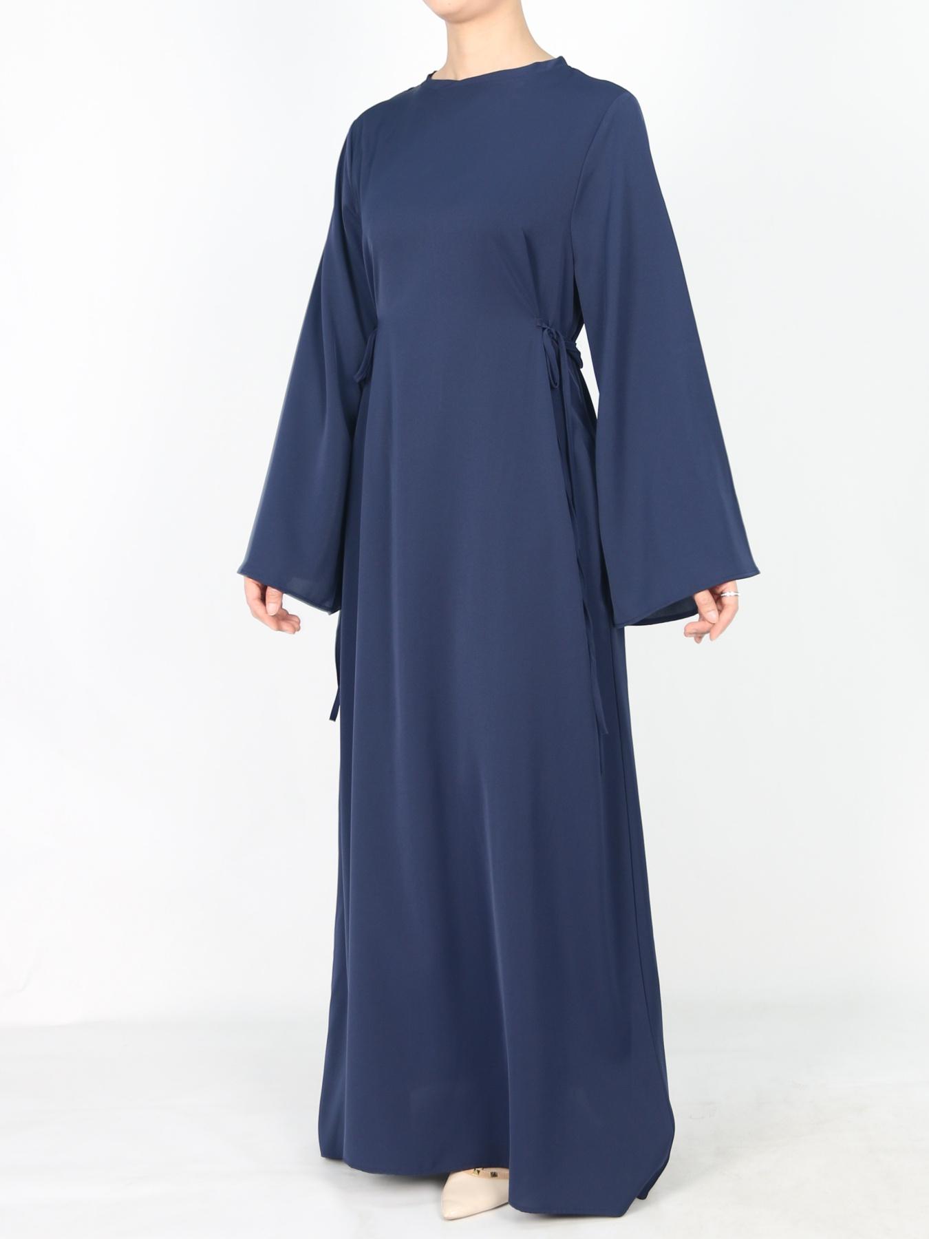 Women's Tie Side Zipper Back Dress, Elegant Long Sleeve Belted Abaya Dress for Daily Wear, Ladies Islamic Clothing for All Seasons