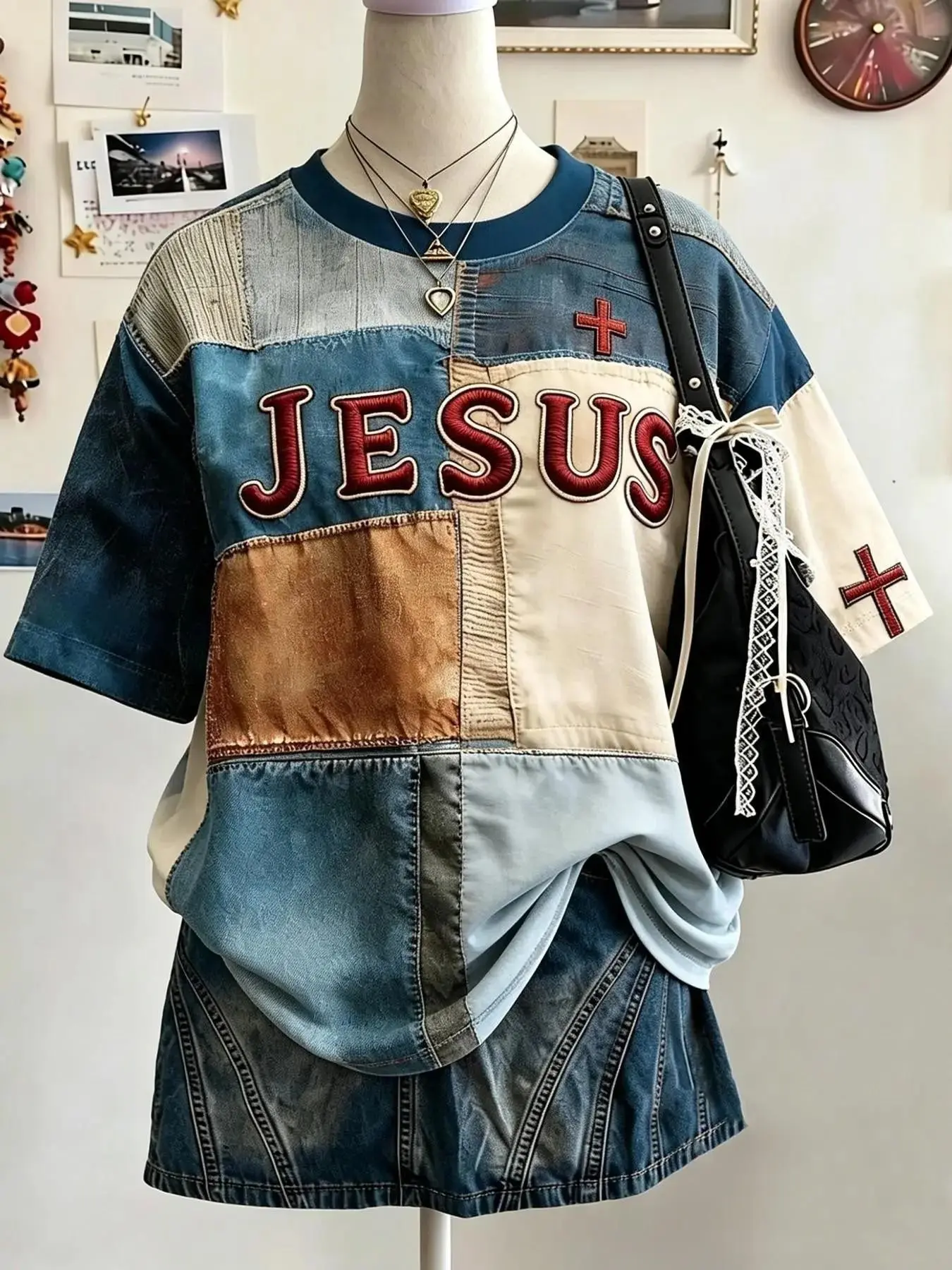 American Vintage Denim Patchwork Jesus Embroidery Loose Fit Short Sleeve T-Shirt, Casual Striped Plain Surface Unlined Top, Casual Style Tee
