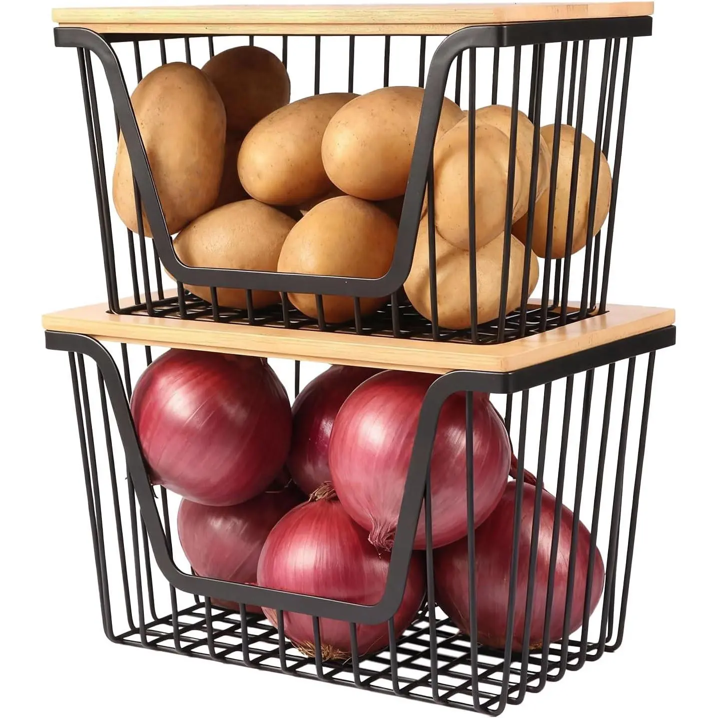 2 Pack Onion and Potato Storage Bins, Stackable Pantry Organizers Storage, Large Wire Storage Basket for Onion, Potato, Fruit, Vegetables