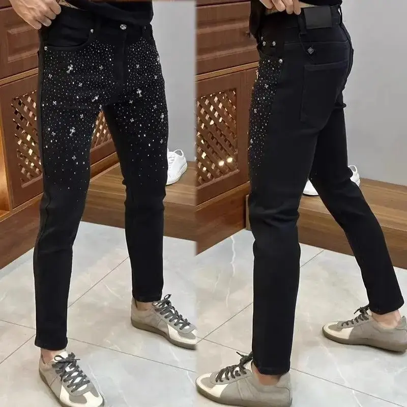 New Black Stretch Stylish Korean Style Autumn Casual Jeans with Patch Adornments Pencil Pants Rhineston Luxury Kpop Men Jeans