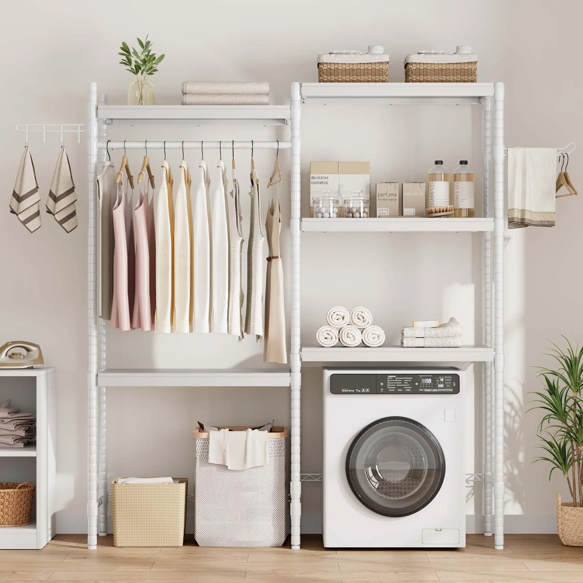 5-Tier Over-The-Washer Storage Shelf - Adjustable Height Laundry Organizer with Double-Layer Wood Shelves, Space-Saving Design for Bathroom
