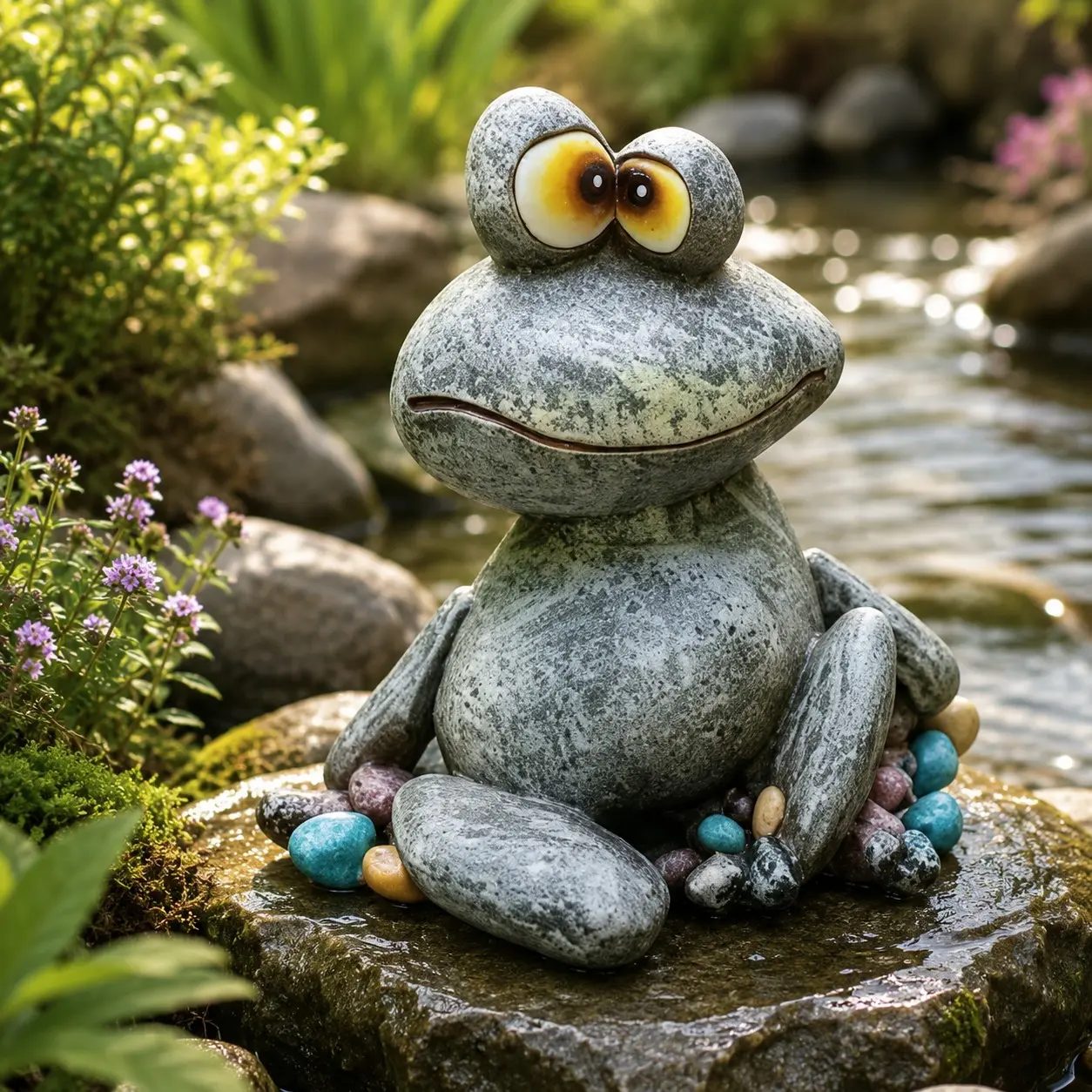 Adopt This Frog for Your Cozy Garden, Sunlight and Small Flowers, Plump Frog Symbolizing Slow Life, Perfect for Relaxing Moments