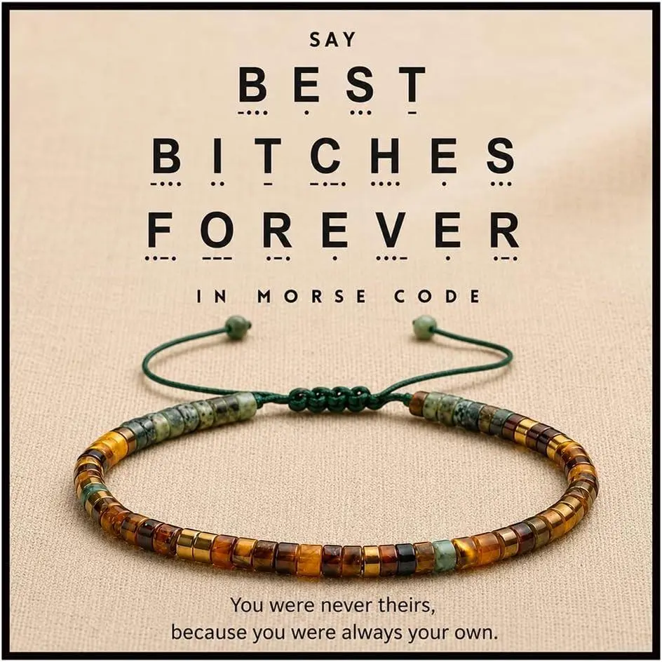 ' Bitches Forever' Morse Code Motivational Bracelet For Women, Adjustable BFF  Tiger Eye Turquoise Beaded Bracelets With  Message Inspirational Friendship