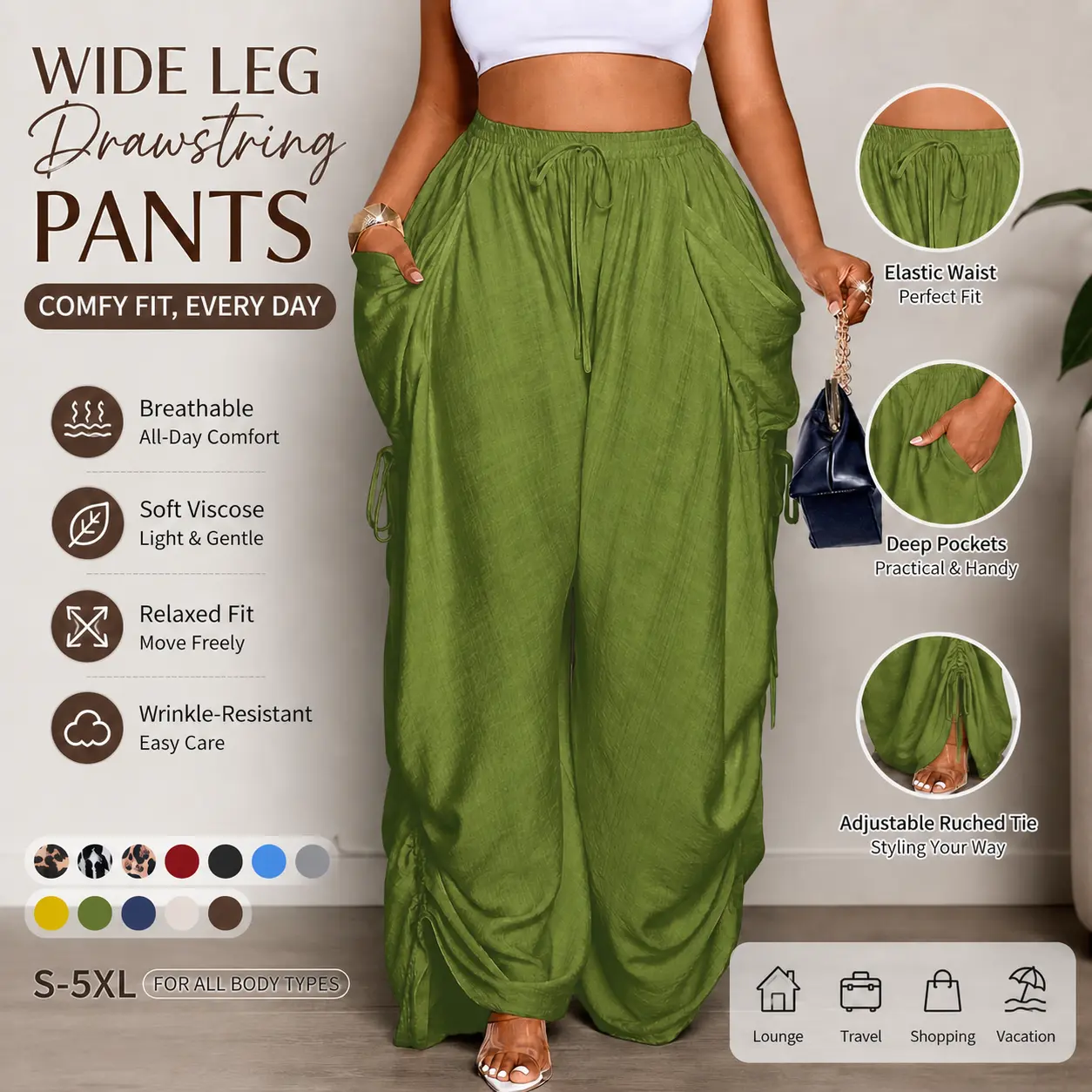 Women's Plus Size Olive Green Wide Leg Palazzo Bottoms S-5XL, Soft Breathable Viscose, Elastic Drawstring Waist, Deep Pockets, Adjustable Ruched Ties, Drapey Wrinkle-Resistant Basic Pants, Relaxed Fit for Day, Everyday Casual Wear, Bottom, Wide Leg Pants