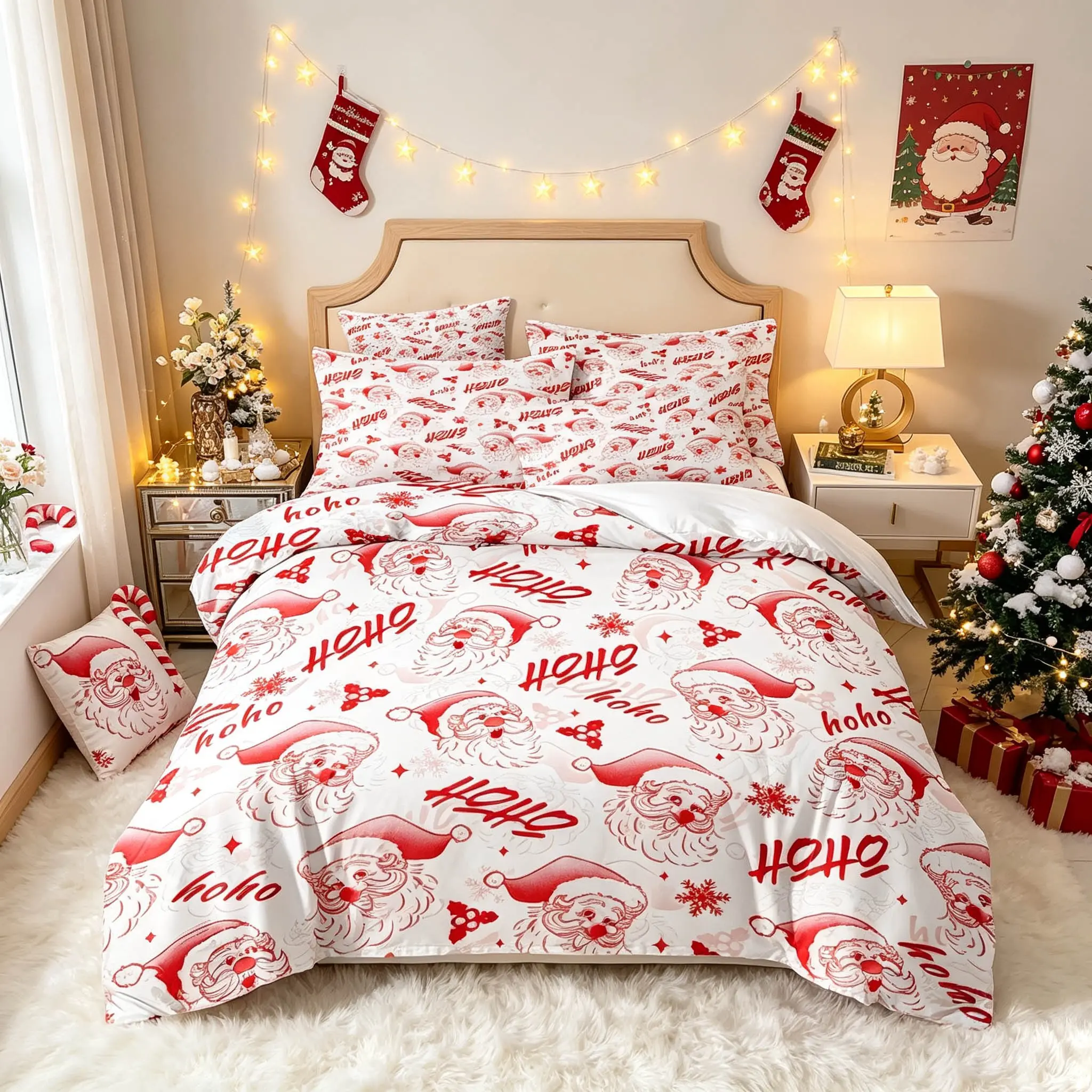 3-Piece Christmas Bedding Set, Santa Deer Tree Pattern, Soft Comfortable Fabric, Ideal for Bedroom Hotel Dorm, Perfect Gift