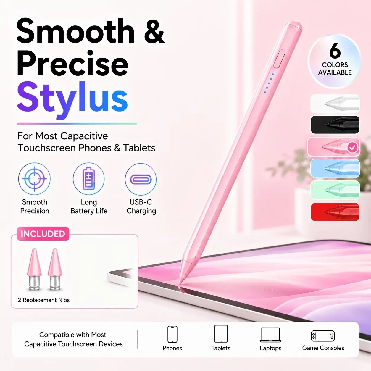 Touch Pen Compatible with iPad/android, Tablet, Smooth Writing, Fast Charging, High Precision Capacitive Stylus, Aluminum Body, Type-C Cable Included