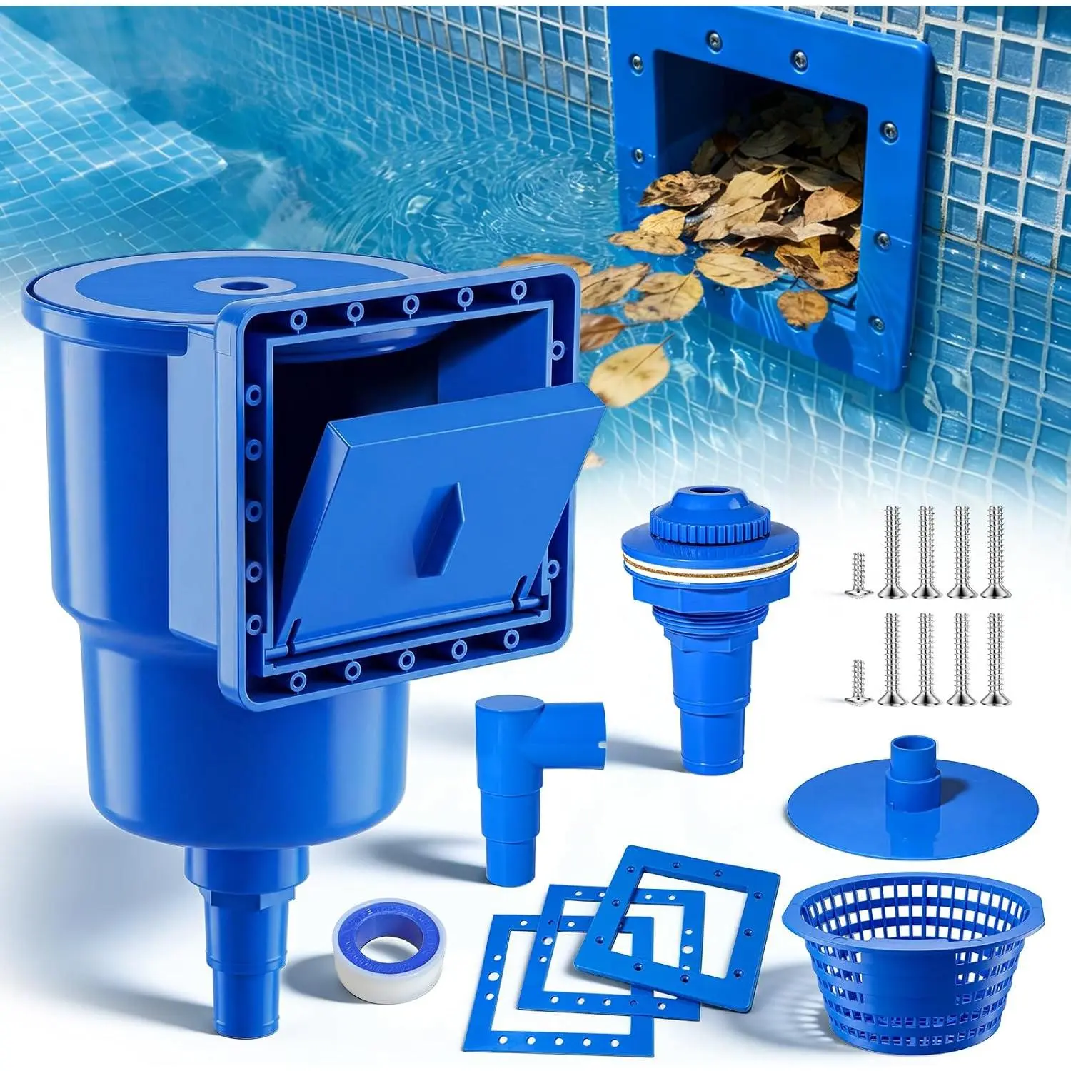 Klein Blue Swimming Pool Skimmer, Heavy-Duty Through-Wall Mount Pool Cleaning Equipment Kit with Accessories, Universal Fit for Standard Wall Openings, Includes Teflon Tape
