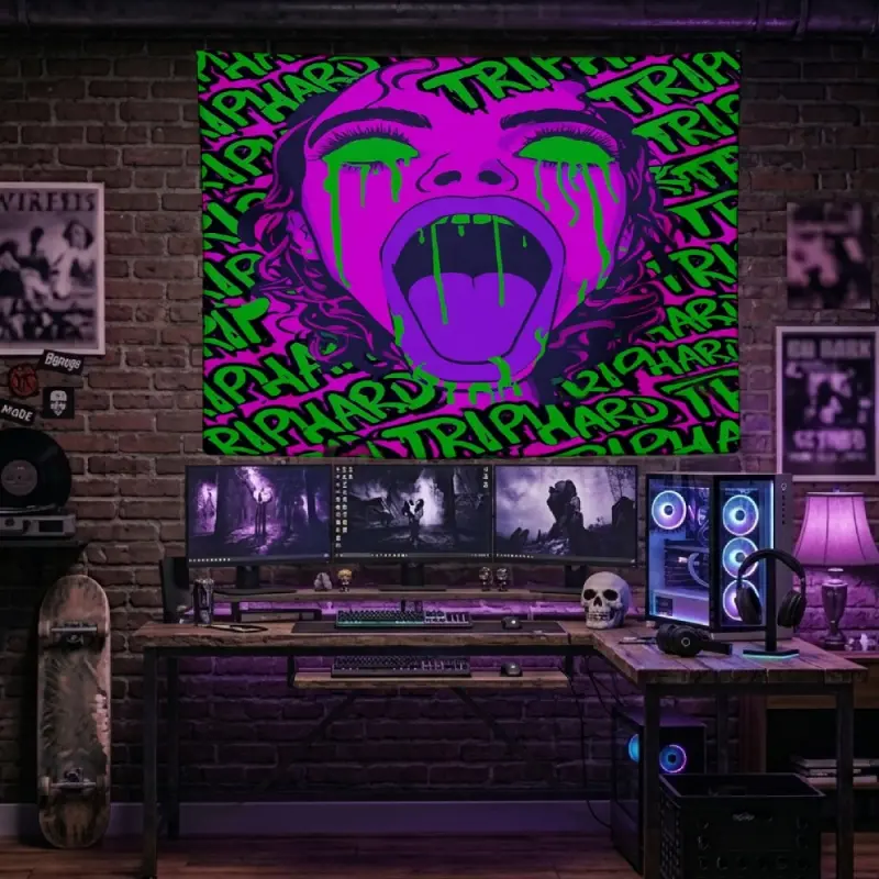 Trippy Neon Green Melting Face Tapestry Psychedelic Cry Acid Tongue Triphard Typography Wall Hanging Weirdcore Stoner 420 Bedroom Gaming Room Decor Dorm Banner