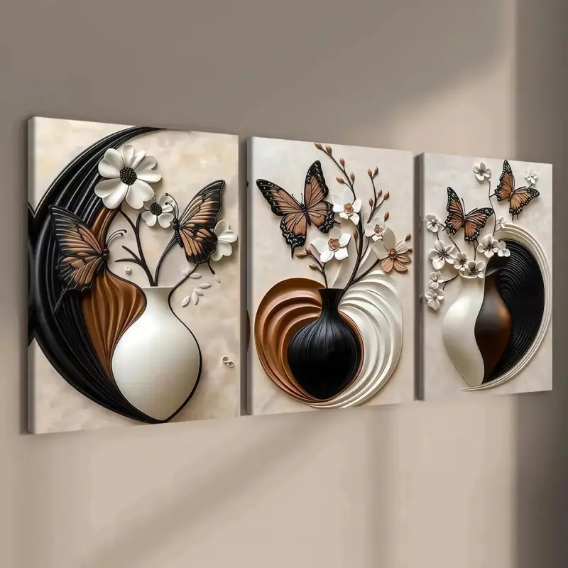 3 Counting wooden frame canvas, butterfly flower art poster, modern art for living room wall decoration, family poster, suitable for bedroom, office, corridor walls art, Framed Wall Art, Modern Floral Paintings, Wall Art Print, Wall Decor Pictures