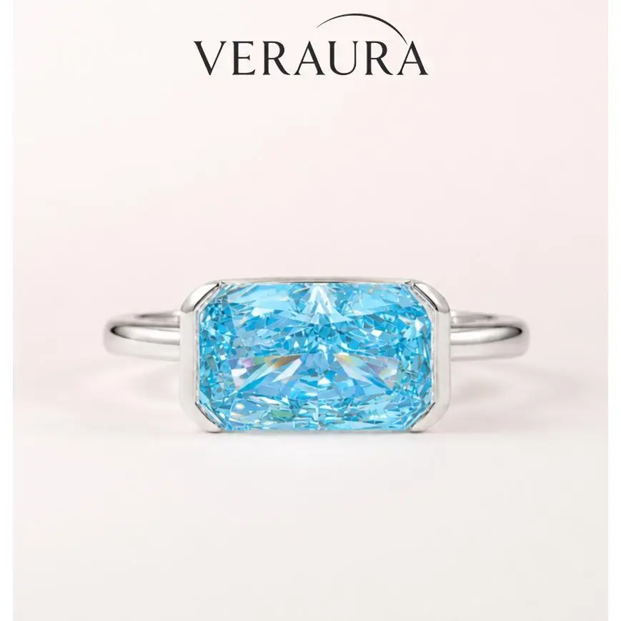 Women's Modern 3CT East-West Hero Ring - 5A CZ, Rectangular Radiant Cut Ocean Blue, Thick Gold-Plated Brass, Half-Bezel Setting, Long-Lasting Color, Minimalist Female Adults' Everyday Wear Rings