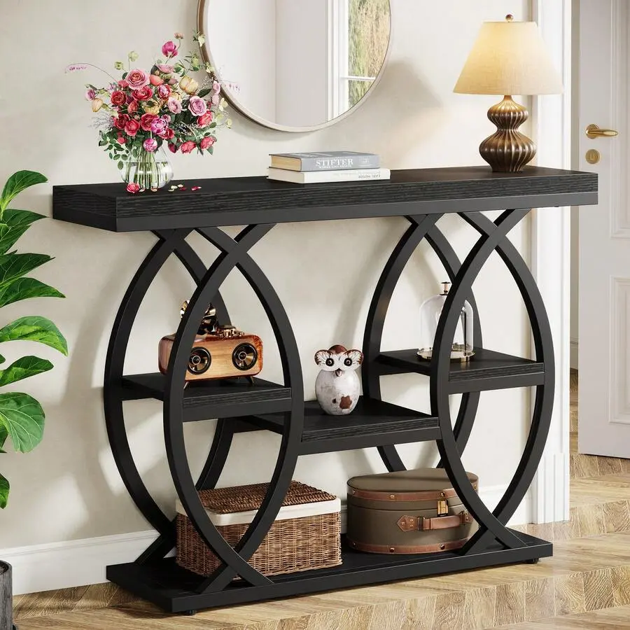 39.4" Console Table, Industrial 4-Tier Sofa Table Entryway Table, Narrow Wood Accent Table For Living Room, Hallway, Foyer, Rustic Brown