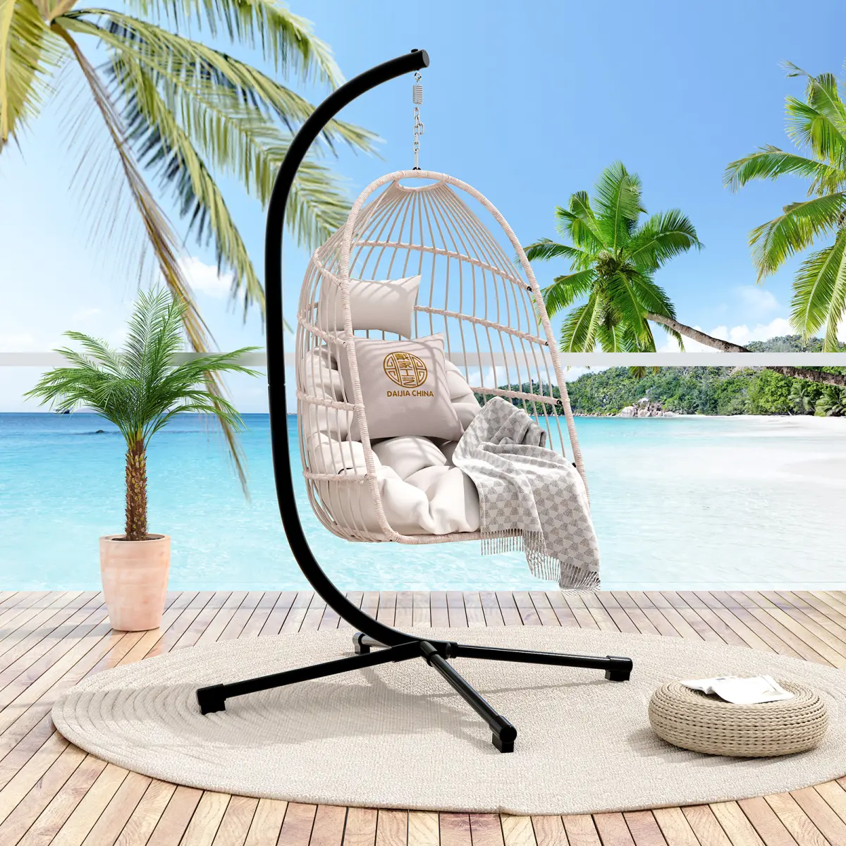 [Fahuac] Modern Portable Foldable Egg Swing Chair with Cushion, Headrest, Rust-Resistant Aluminum-Steel Frame, Requires Setup for Patio, Garden