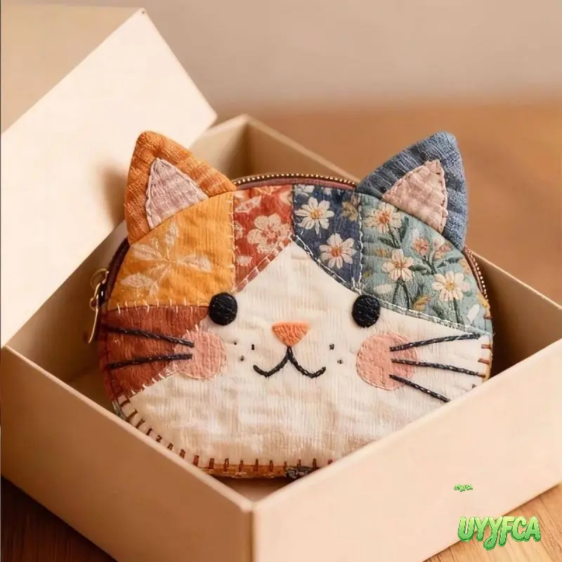 Vintage Patchwork Cat Pencil Pouch, Quilted Floral Fabric Kitten Wallet with Zipper Closure, Large Capacity Stationery Organizer for Students, 3D Stripe Tail, Cute, Striped, Zipper Close, Quilted Fabric, Stationary Hold