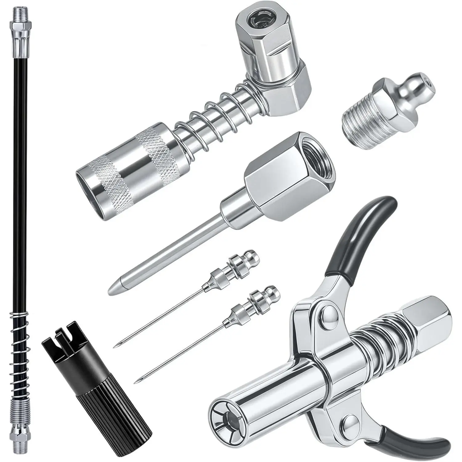 7PCS Grease Gun Fittings Kit - Grease Gun Coupler, 90 Degree Grease Gun Coupler Adapter, Grease Neddle Dispenser, 12" Grease Gun Hose, 2 Grease Gun Needle Nozzle Tips, Zerk Fitting Cleaner