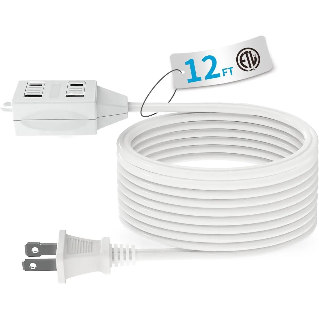 Indoor Extension Cord, 2 Prong 12  Extension Cord, 3 Polarized Outlets with Safety Slide Windows,13A/1625W, 16 AWG, 1 Pack