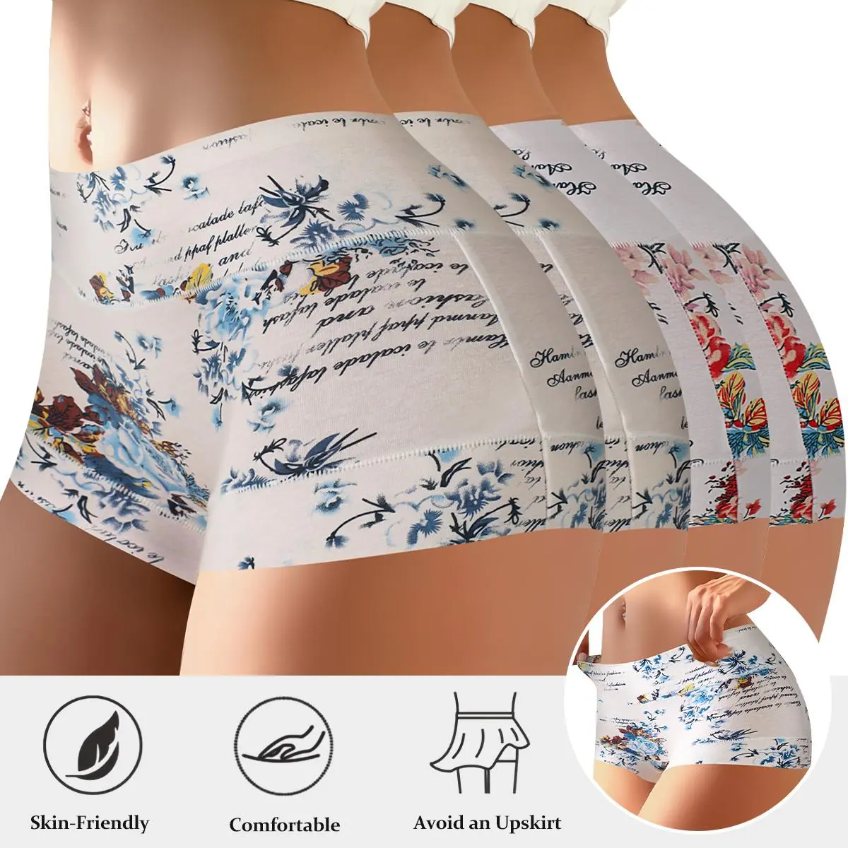QUASTI Women's 4PCS High-Waisted Cotton Pocket Boxer Shorts Panties, Smooth Comfortable Elegant Breathable Safety Shorts Briefs, Skin-Friendly Full Coverage Stretch Seamless Lady Shorts for Daily Wear, S-XXL