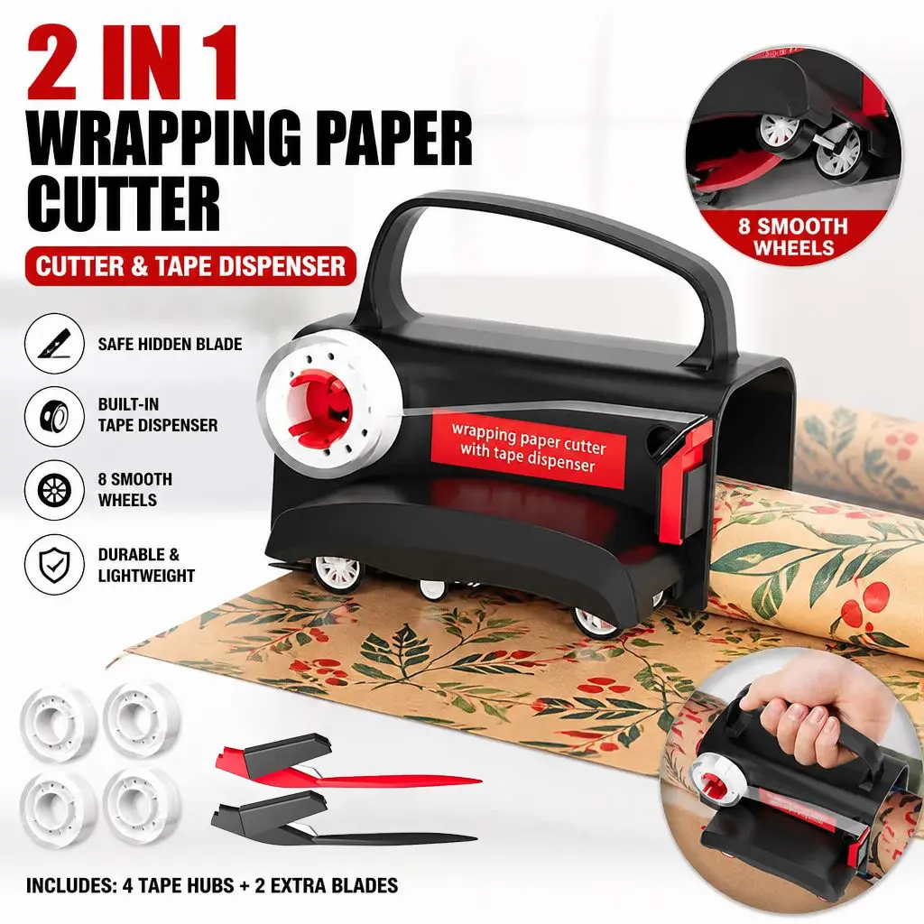 Sugoiti 2-Pack Office Paper Trimmer & Tape Dispenser Kit, Straight Sliding Tool with 4 Tapes, 2 Replacement Blades, Black & Red for Easy, Safe, Efficient Christmas Gift Wrapping