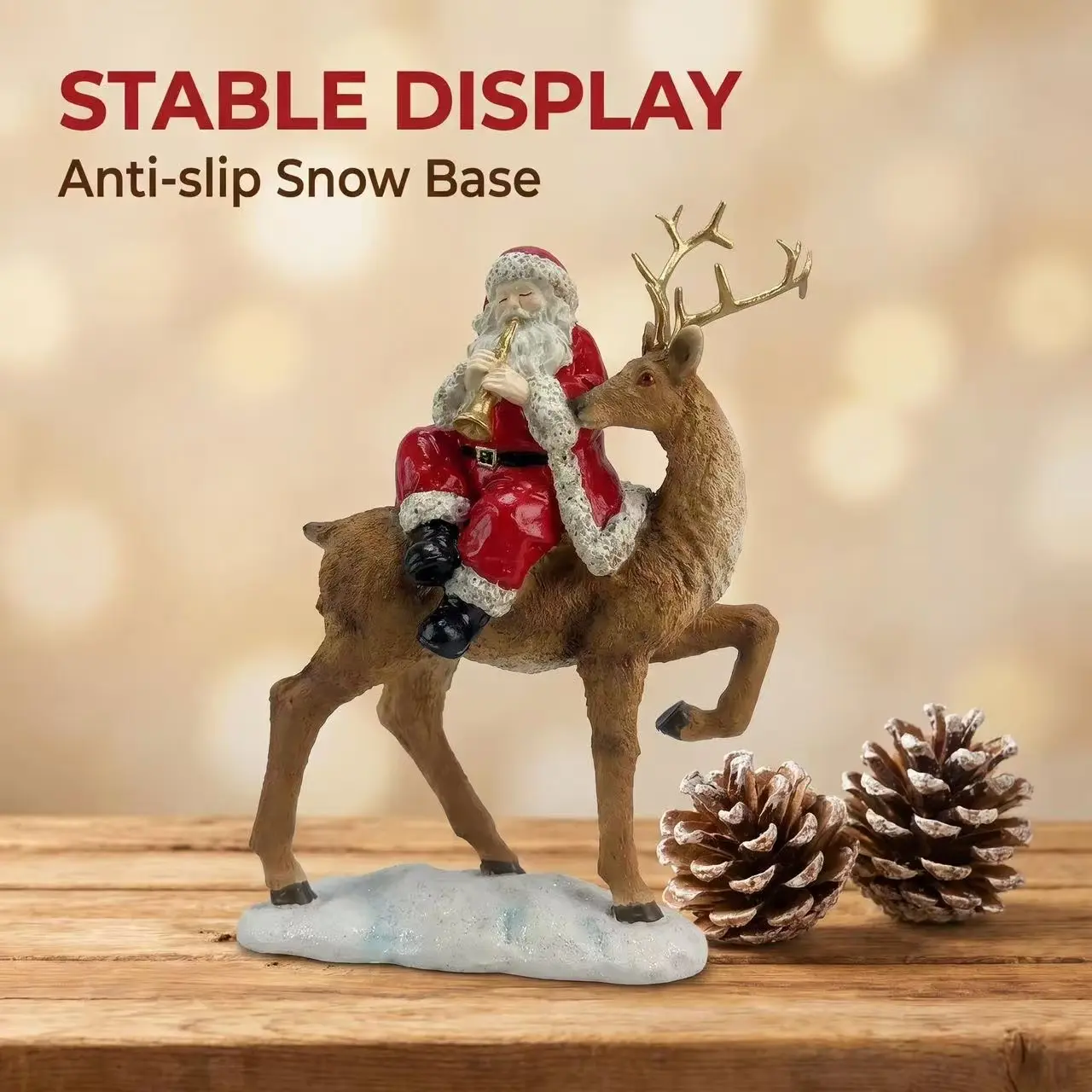 1PC Santa Claus Riding Reindeer Figurine, Christmas Santa with Horn Tabletop Decor for Mantel, Shelf, Living Room, Entryway, Office and Holiday Gift