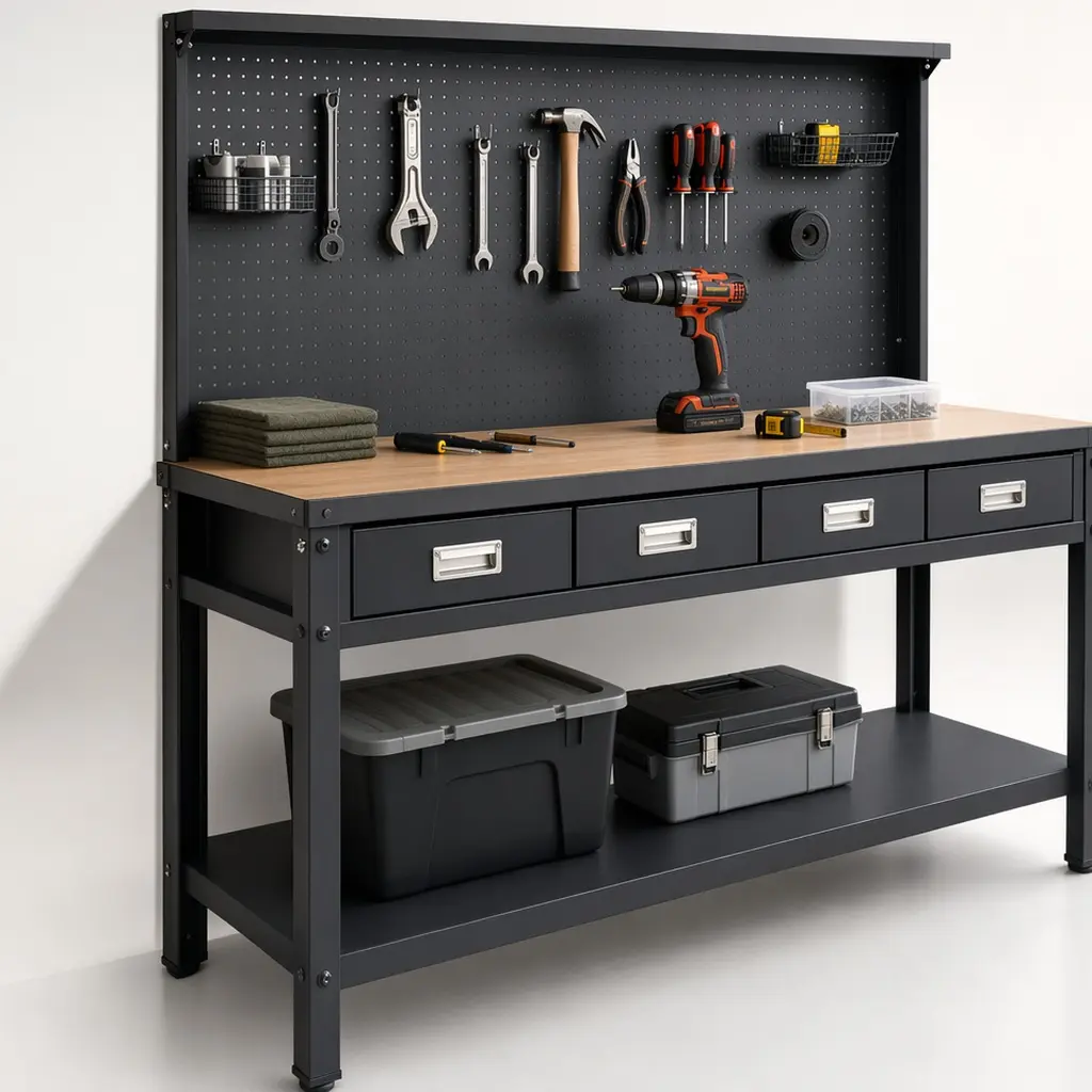 Heavy Duty 63" Steel Workbench with MDF Top, Drawer & Peg Board, 300 lbs Capacity, Black Garage Workstation for Mechanics, Tool Storage Organizer Table