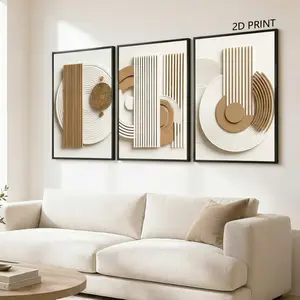 2D PRINT 3-Piece Metal Frame Canvas, Wabi-Sabi Geometric Trio Poster, Abstract Art Decor, Modern Living Room Wall Art, Waterproof, Gift Idea, Geometric Designs