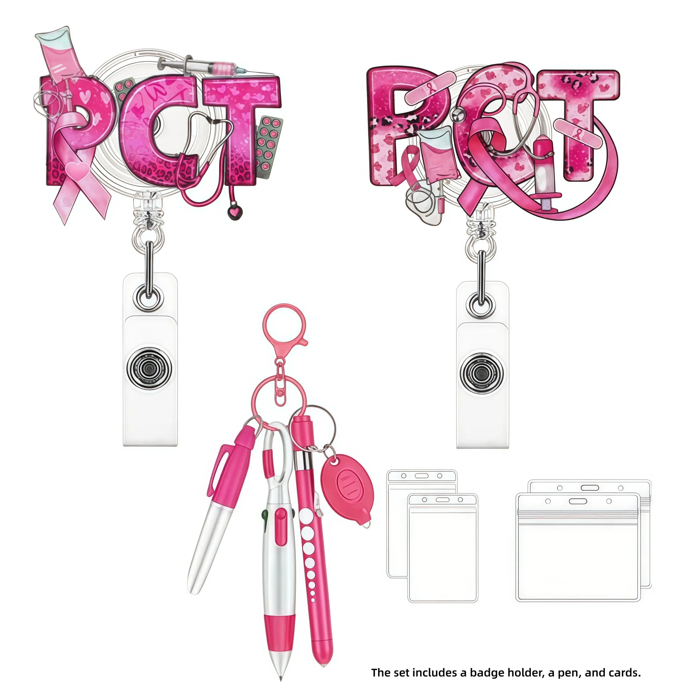 Pct Badge Scroll Combo Set, Acrylic Material, Keychain Pen & ID Card Clip, Office & Nurse Accessories Gift