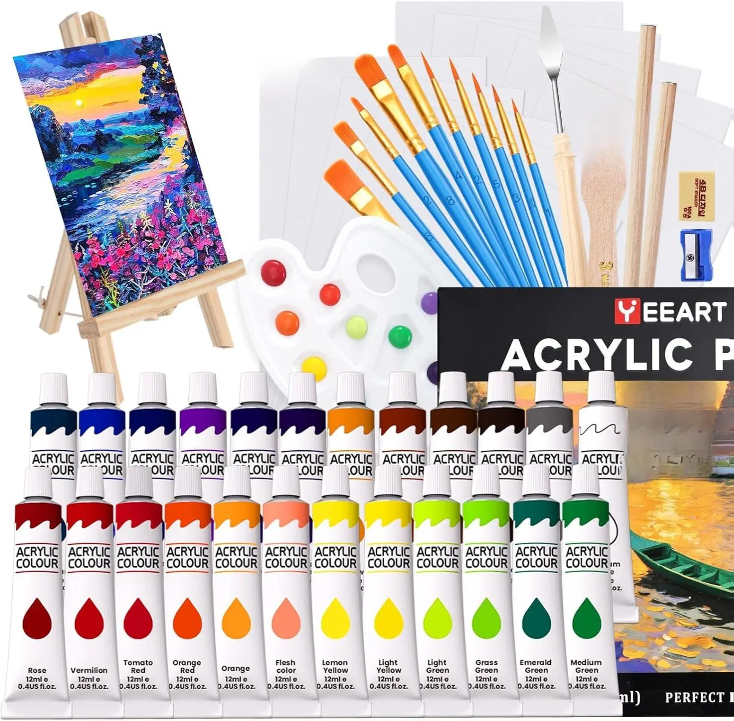 Yeeart 52-Piece Professional Acrylic Paint Set - 24 Vibrant 12ml/0.4oz Rich Pigments, 11 Brushes, Wood Easel, 10 Painting Papers, ASTM-Certified Non-Toxic Smooth-Textured for Kids - Encourages Creativity, Holidays, Birthdays, Crafting Supplies, Art Kits