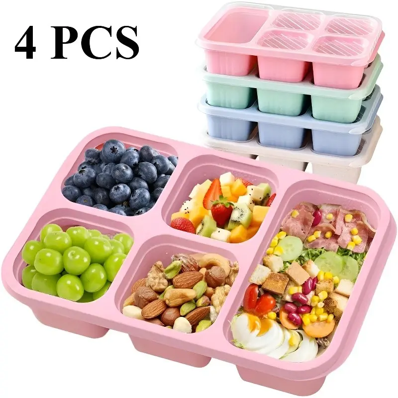 4 Pack Reusable 5 - Compartment Bento Leakproof Lunch Boxes. Comes with sauce containers, utensils & lids. Stackable. Great for school, work, travel & picnics. Eco - friendly & food - grade.