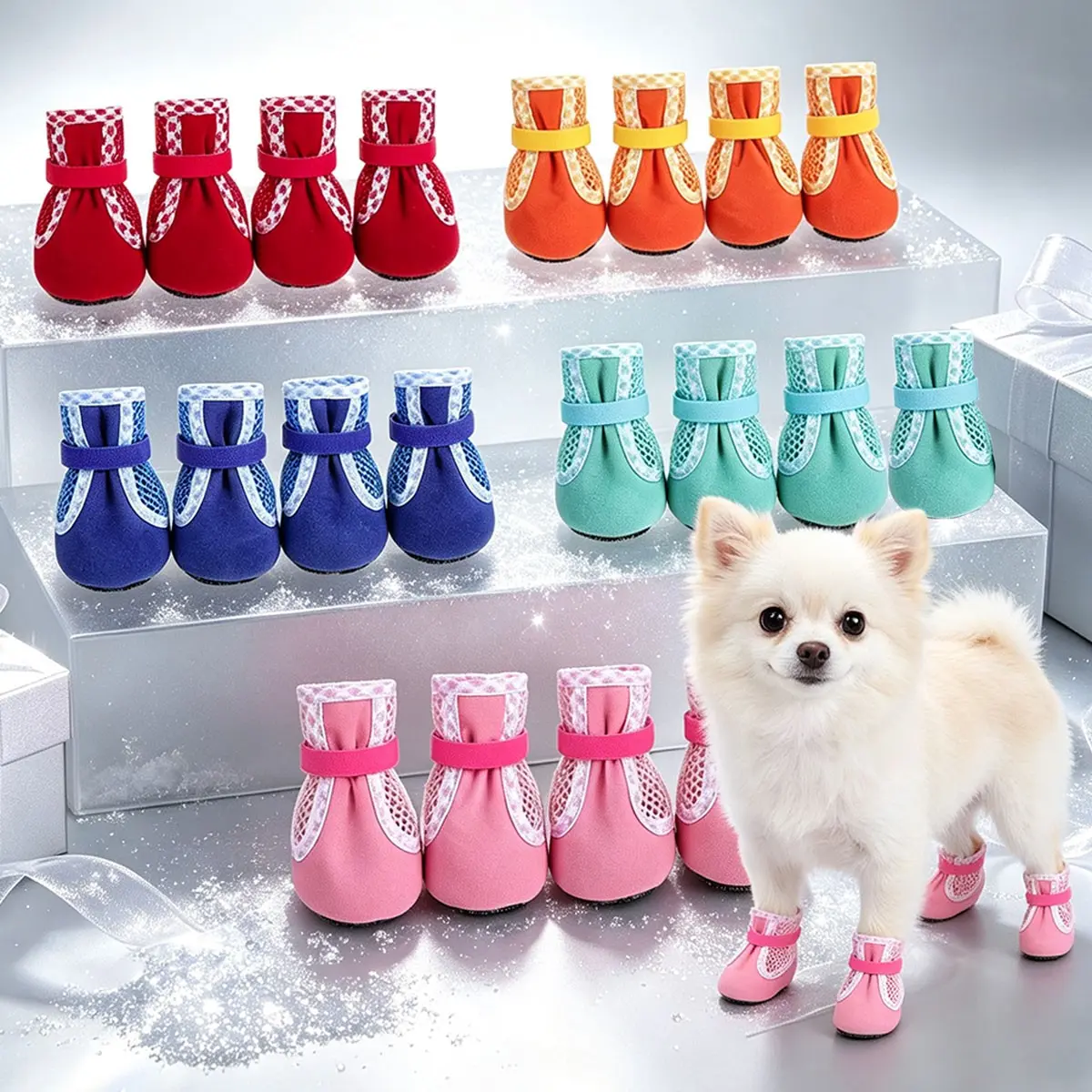 4pcs/set Dog Shoes, Summer Breathable Pet Boots, Adjustable Reflective Non-Slip Paws, Soft Sole, Suitable for Small Dogs, Cats, Teddy, Pomeranian