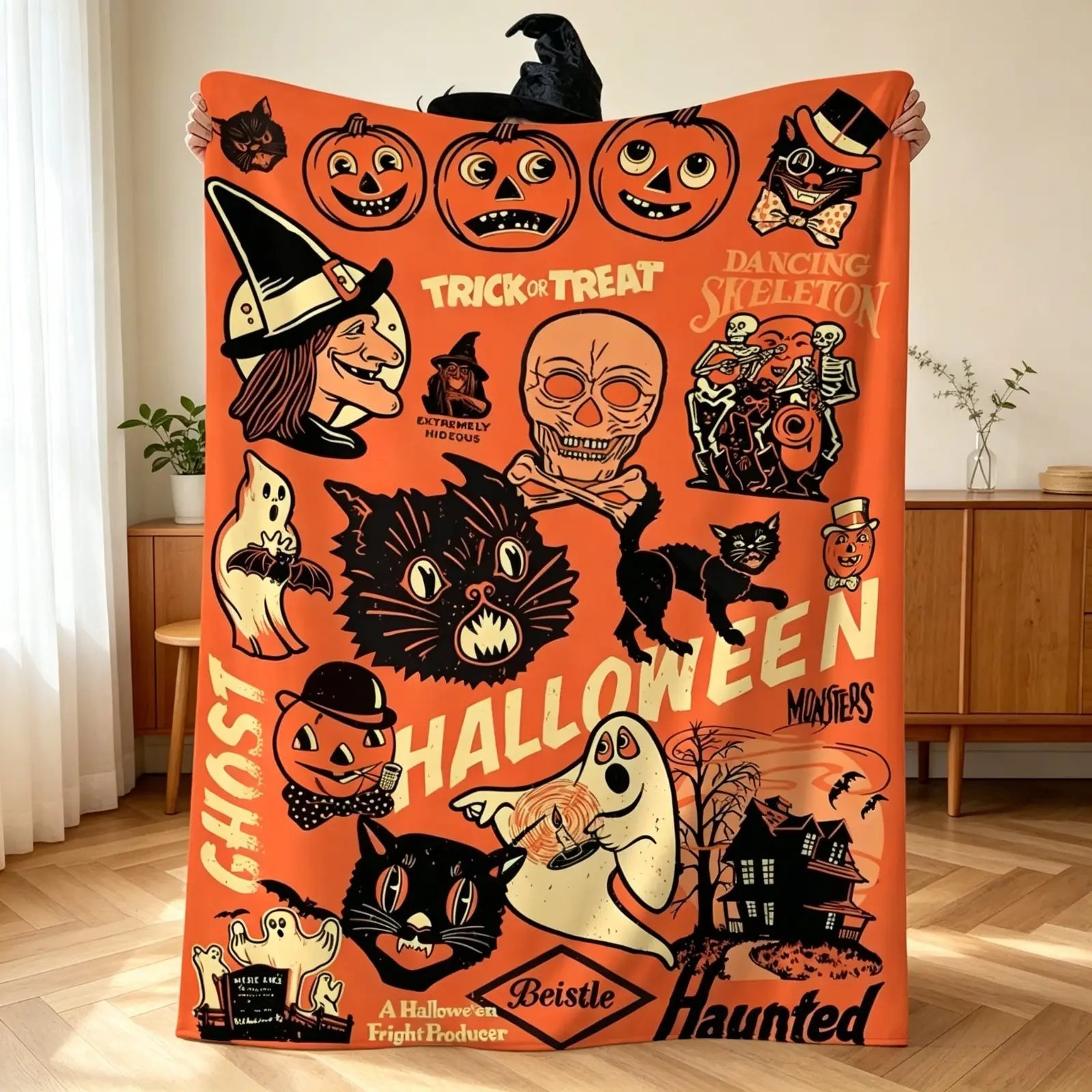 Retro Halloween Witch Ghost Pumpkin Throw Blanket, Soft Warm Flannel Cover with Gothic Vintage Artwork for Bed, Couch and Reading Chair, Spooky Seasonal Accent for Autumn Movie Nights, Dorm Rooms, Halloween Parties and Fall Decor