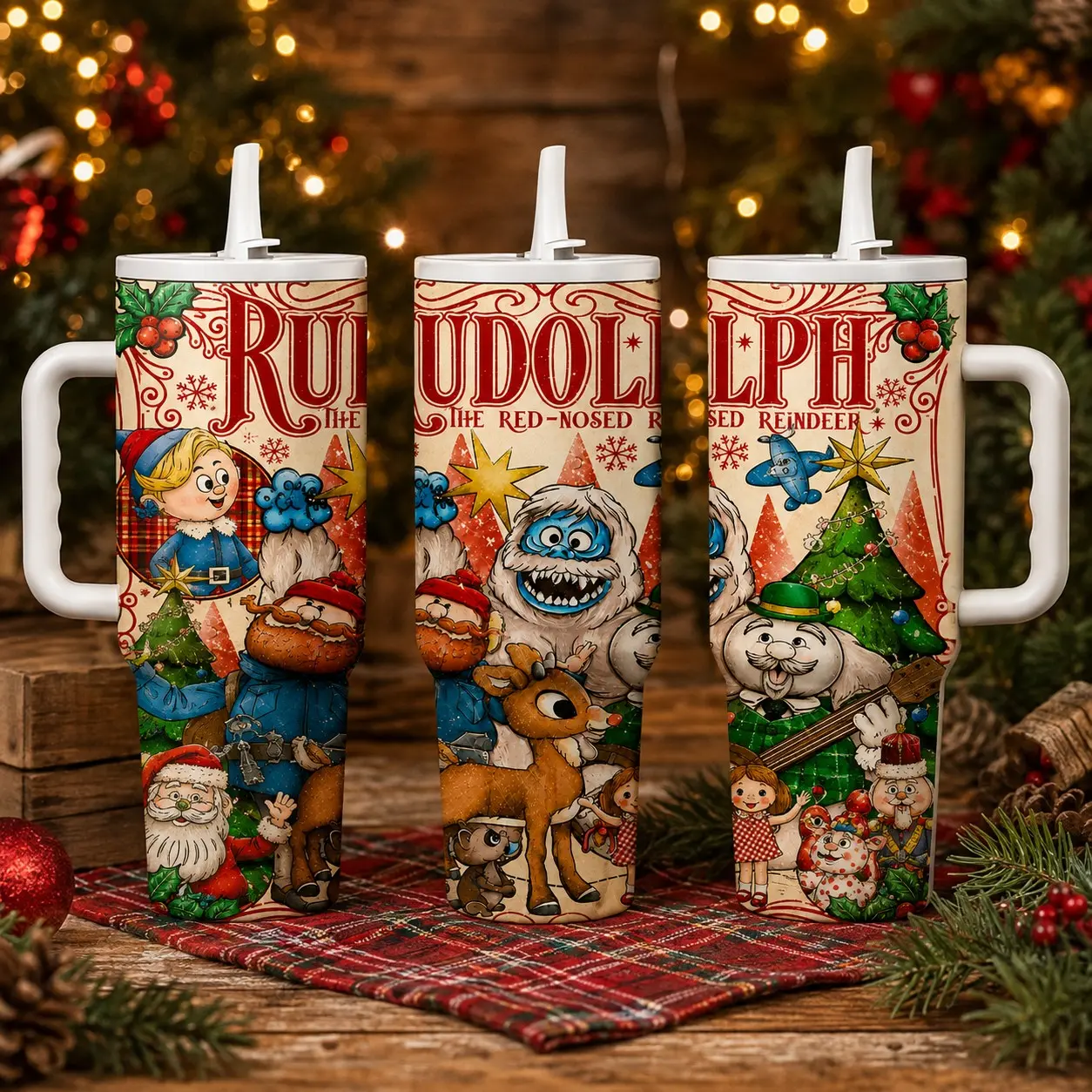 Christmas Rudolph Tumbler 40oz, Vintage Holiday Reindeer Cup with Handle Lid Straw, Festive Xmas Drinkware Gift, Insulated Tumbler