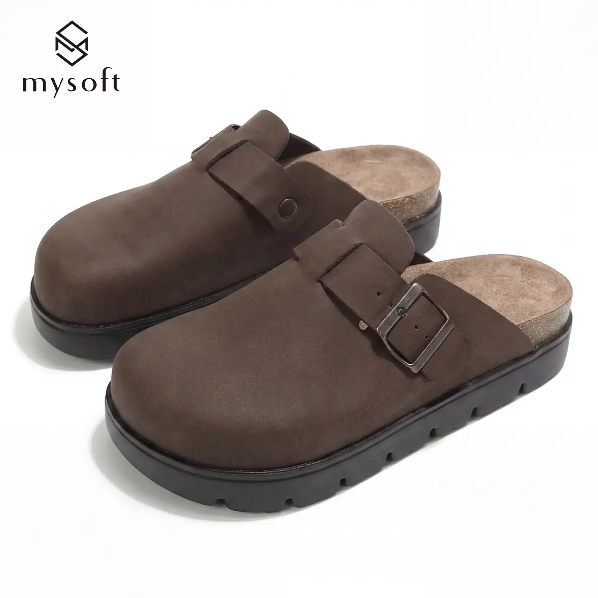 Women's Casual Platform Clogs - Closed-Toe Block Heel Footwear with Cork Footbed, Adjustable Buckle, Thick Soled Mules, Walking Shoes for Indoor-Outdoor Comfort, Casual Wear