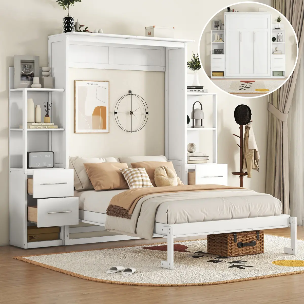 Full Size Murphy Bed Wall Bed with Shelves, Drawers and LED Lights,White(OLD SKU: LP000565AAK-1)