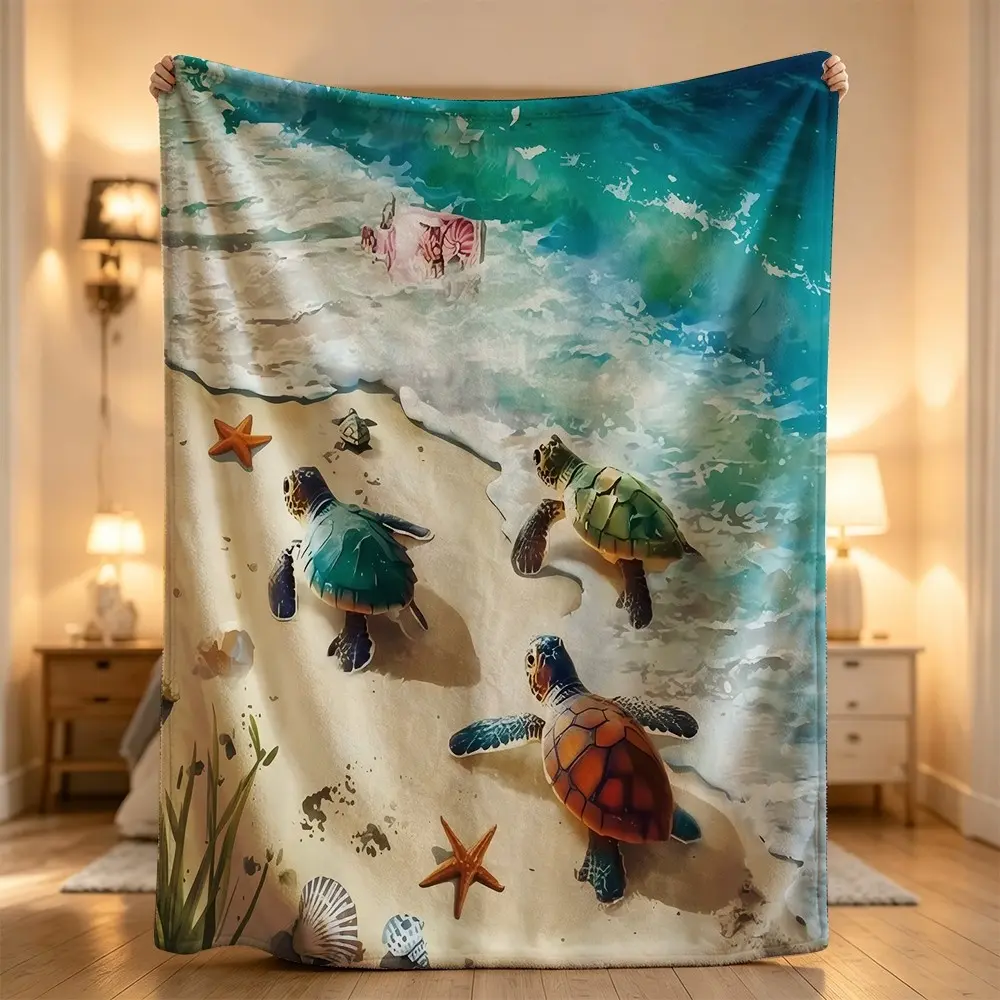 Sea turtle beach ocean waves sand shells Flannel blanket, sofa leisure blanket, bed blanket, Plush Throw Blanket,Cozy Soft Lightweight Blanket,Boho Decorative Throw Blanket