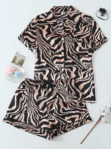 Women's Satin Smooth Zebra Print Pajama Sleepwear Set, Aesthetic Plaid Cherry Print, Sweet Lapel Short Sleeve Top with Pocket, Bow Shorts, Casual Loungewear Homeewear, Pjs