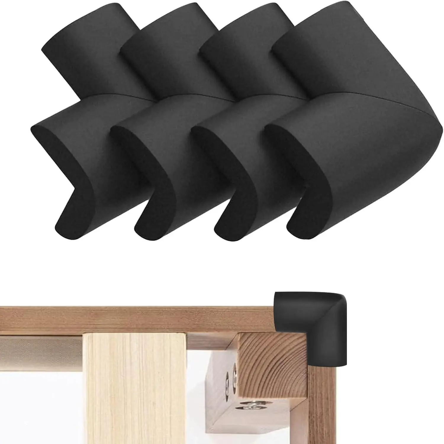 Foam Rubber Corner Guards (4 Pack) with Adhesive Pads, Black Furniture Hardware for Bed-Table-Cabinet Corners & Edges, Impact Safe for Kids, Shock-Absorbent Bumpers