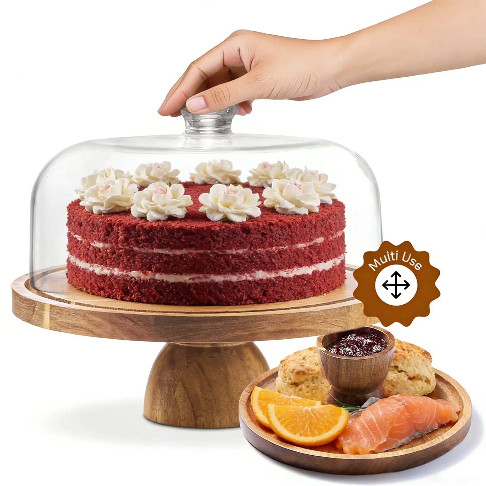 2-in-1 Acacia Wooden Cake Stand with Natural Grain Round Base - Large Acrylic Dome, Reversible Food Server Platter, Dessert Stand Set for Party, Birthday Party Charcuterie Decor