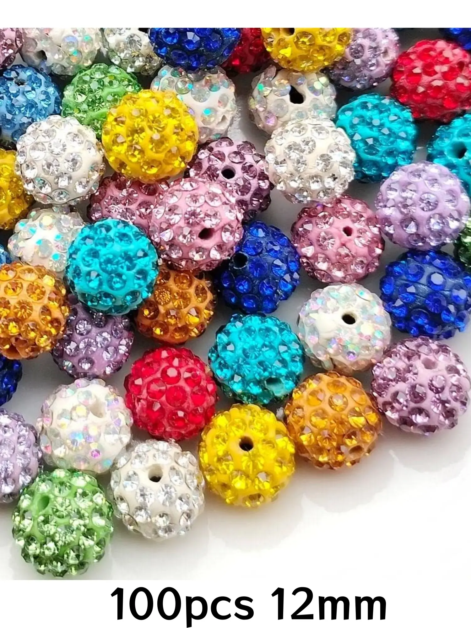 100pcs 12mm Rhinestone Beads for Jewelry Making, Shiny Round Disco Ball Beads Bulk, Sparkle Crystal Clay Beads for Bracelet Necklace Earring Crafting and DIY Supplies Different Colors, DIY Beading Accessories